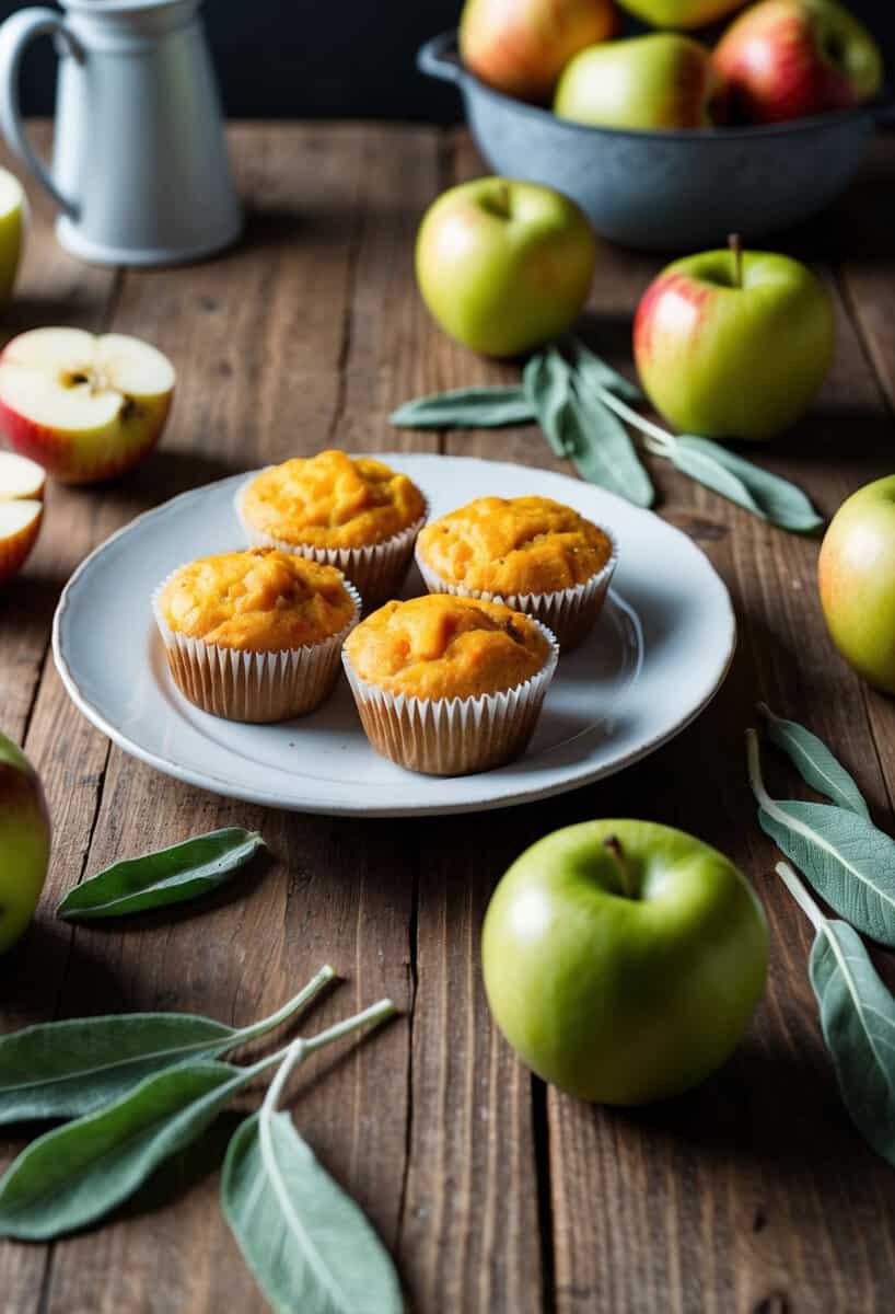 A rustic kitchen scene with a wooden table holding a plate of Cheddar Apple Sage Muffins, surrounded by fresh apples and sage leaves