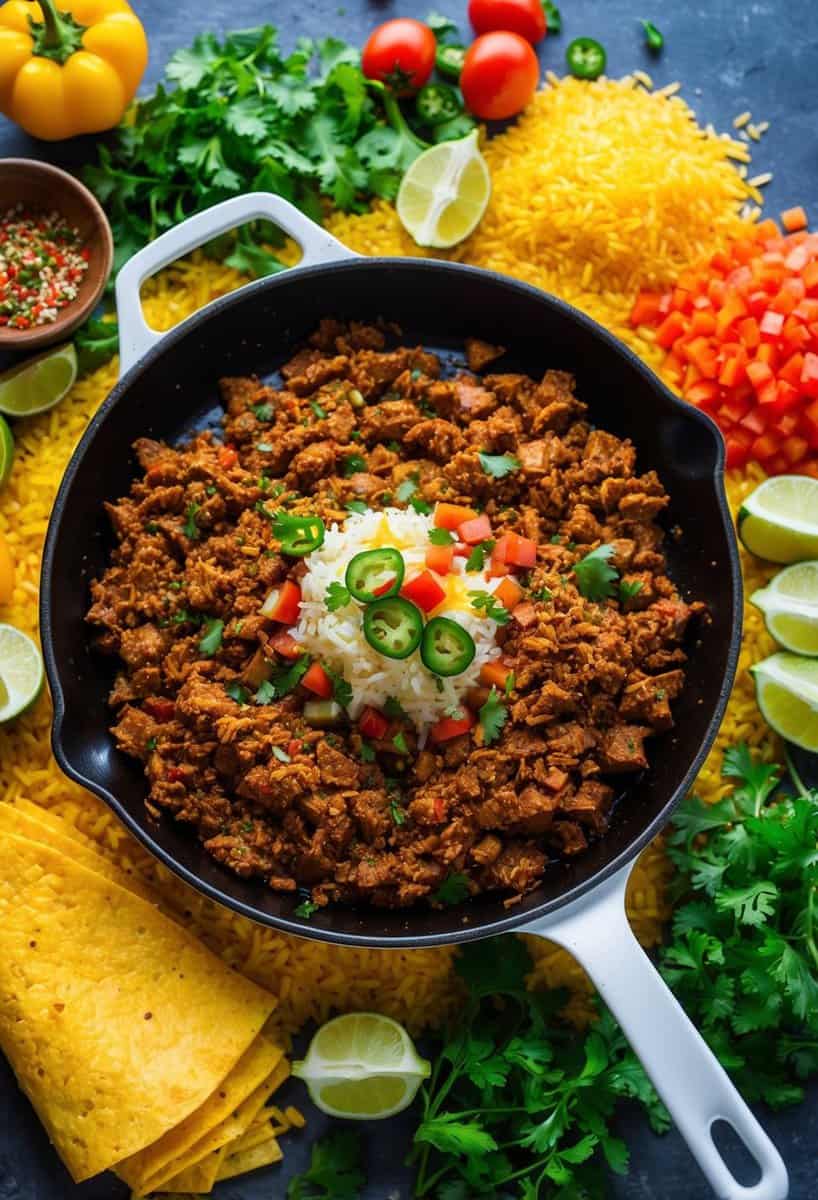 A sizzling skillet with taco meat and rice, surrounded by colorful chopped vegetables and a sprinkle of Mexican spices