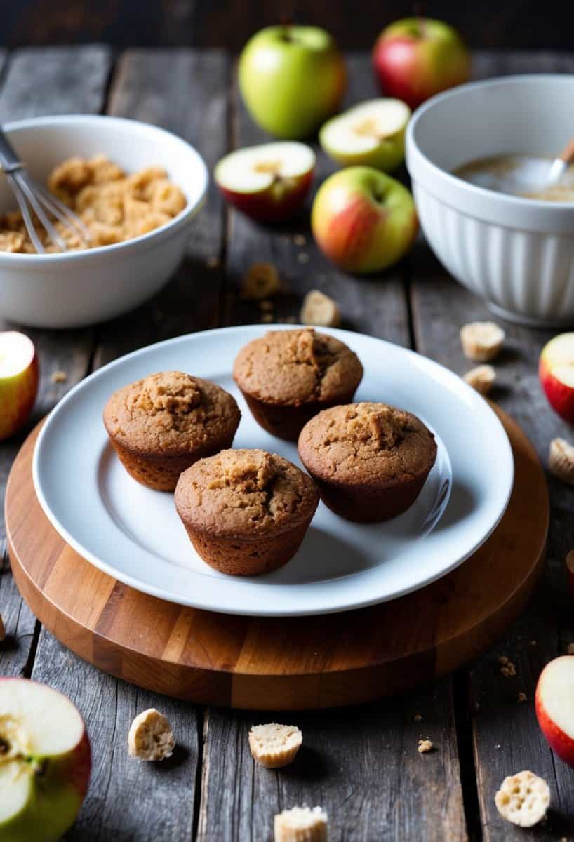 A rustic kitchen scene with a wooden table holding a plate of freshly baked brown sugar apple bran muffins, surrounded by scattered apple cores and a mixing bowl with ingredients