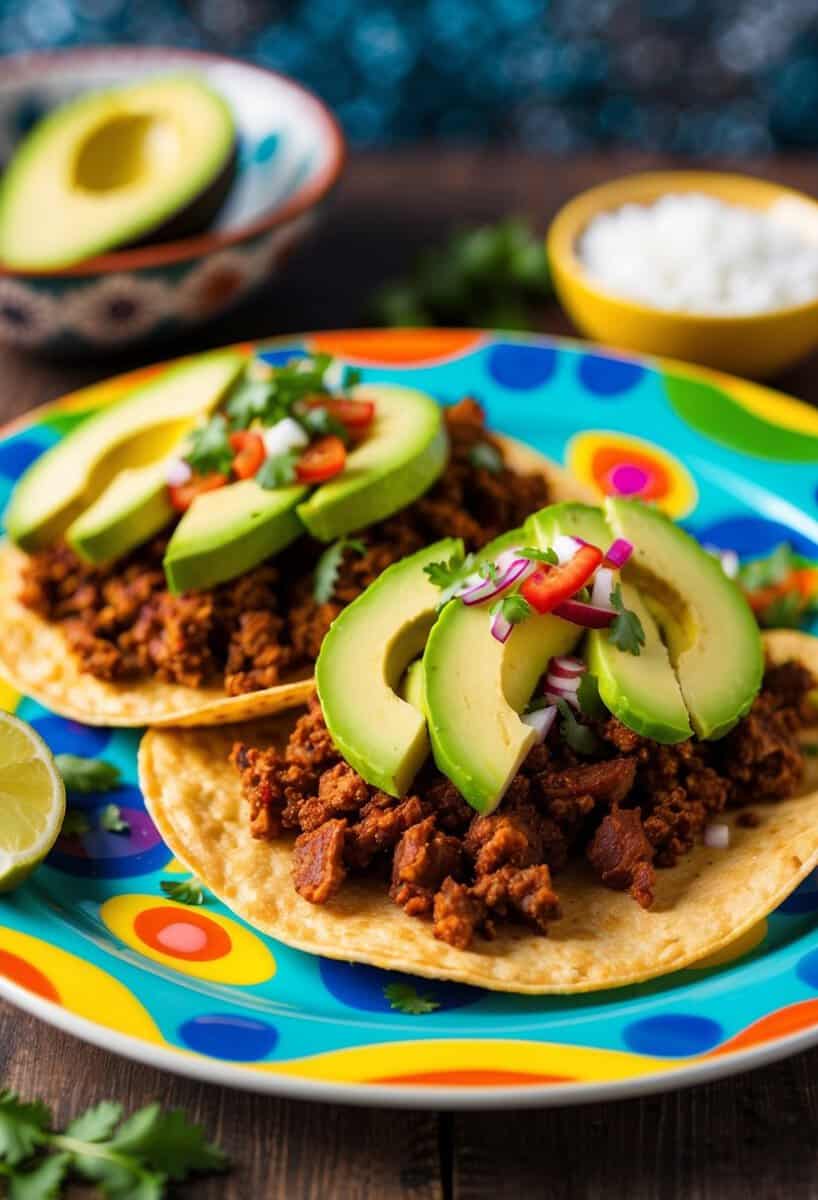 A colorful plate with tostadas topped with seasoned taco meat, fresh avocado slices, and vibrant garnishes