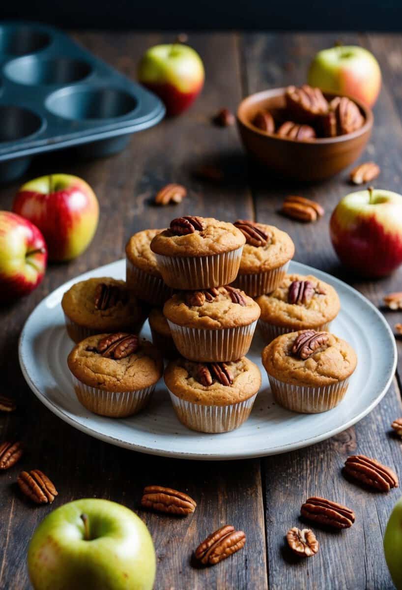 A rustic kitchen table with a plate of freshly baked apple butter pecan muffins, surrounded by scattered whole apples and pecans