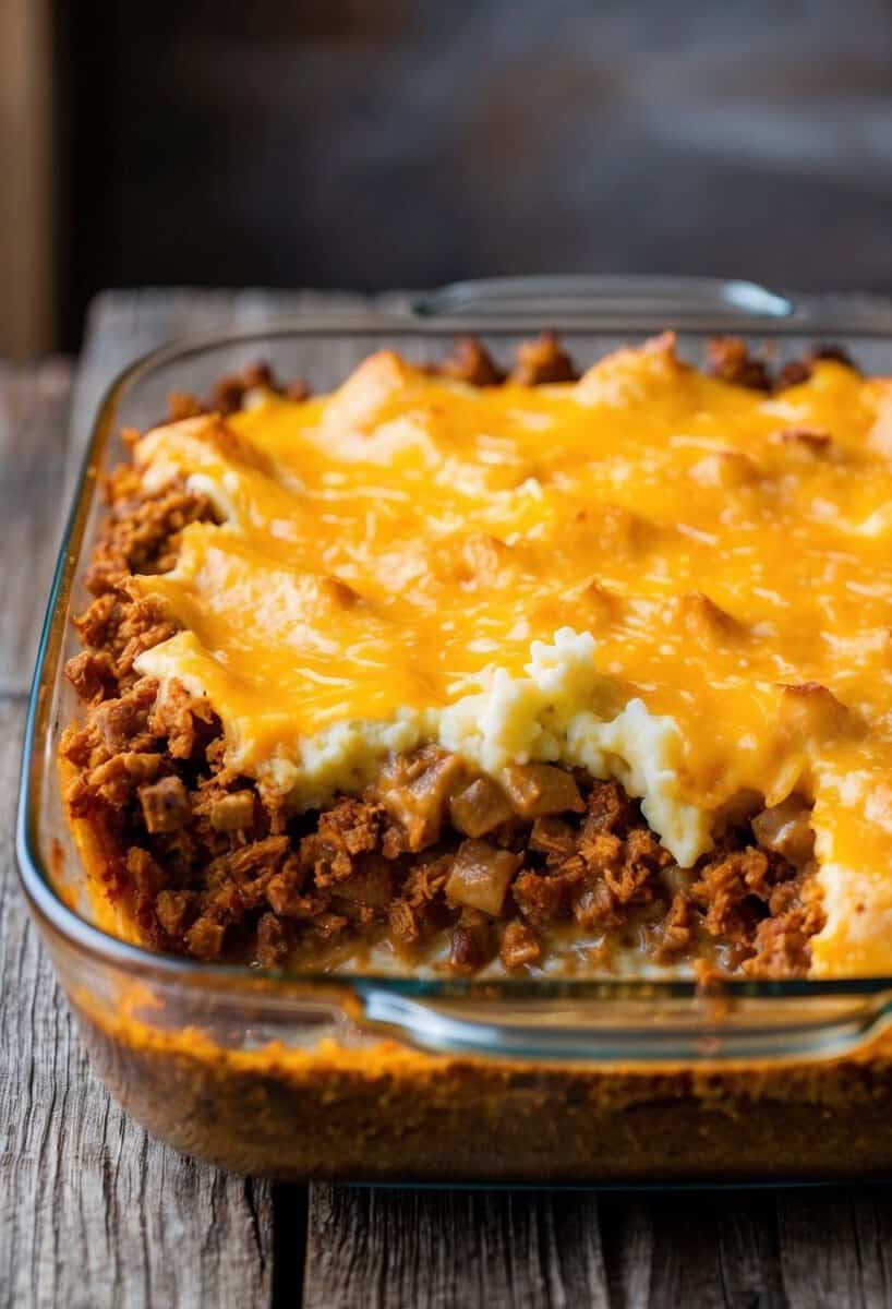 A bubbling casserole dish filled with layers of seasoned taco meat, creamy mashed potatoes, and melted cheese, sitting on a rustic wooden table