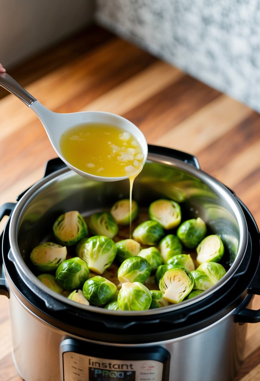 Brussels sprouts being sautéed in garlic butter in an Instant Pot