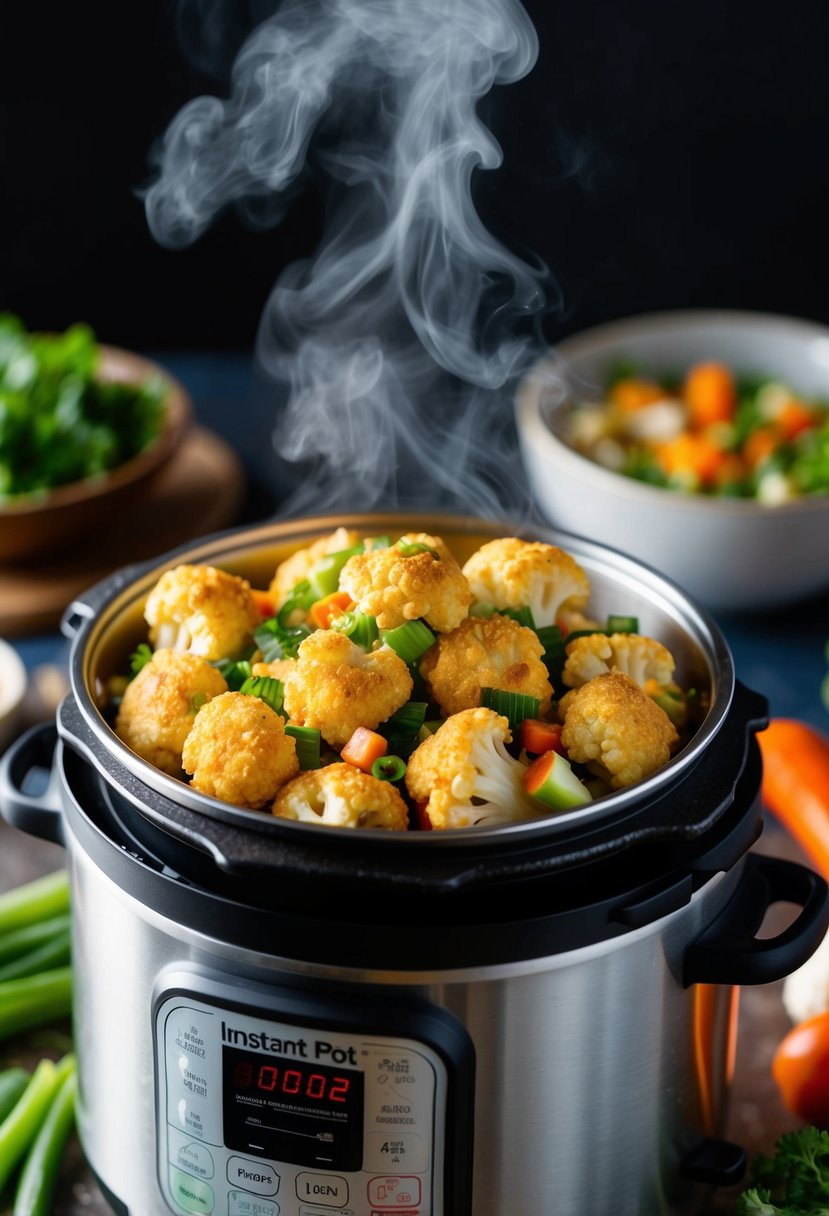 A steaming instant pot filled with spicy sesame cauliflower bites and assorted vegetables