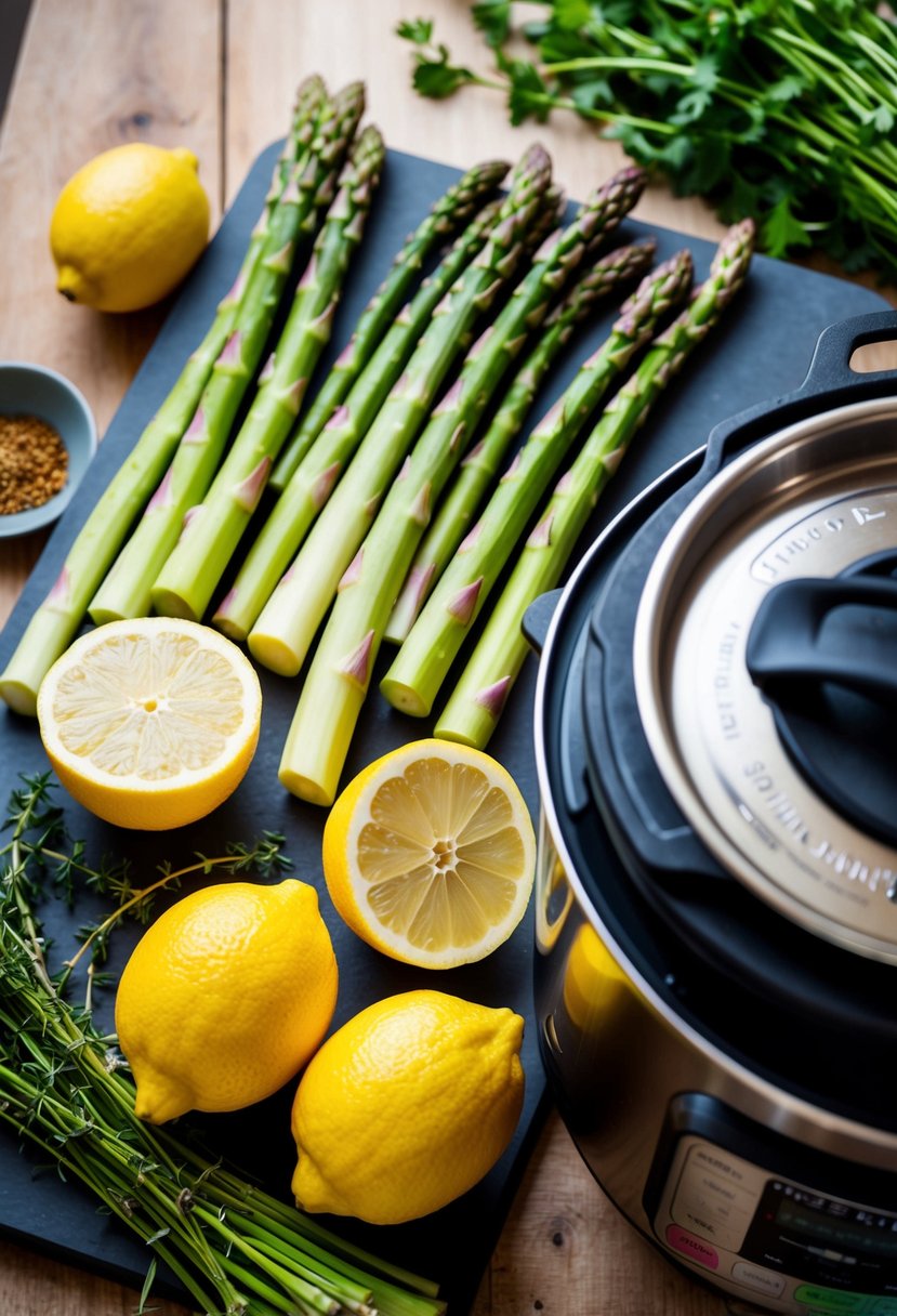 Fresh asparagus and lemons arranged on a cutting board, surrounded by herbs and spices. An instant pot sits nearby