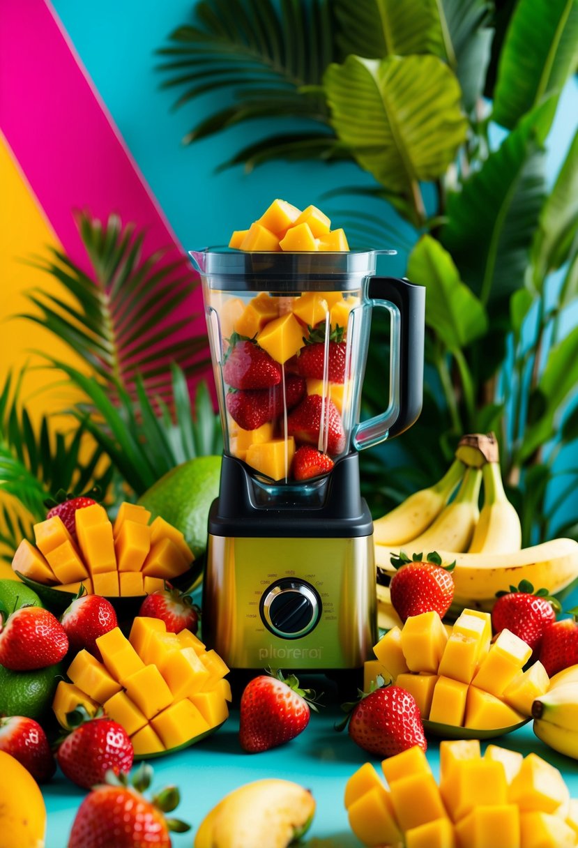 A vibrant array of mangoes, strawberries, and bananas arranged around a blender, surrounded by tropical foliage and a colorful backdrop