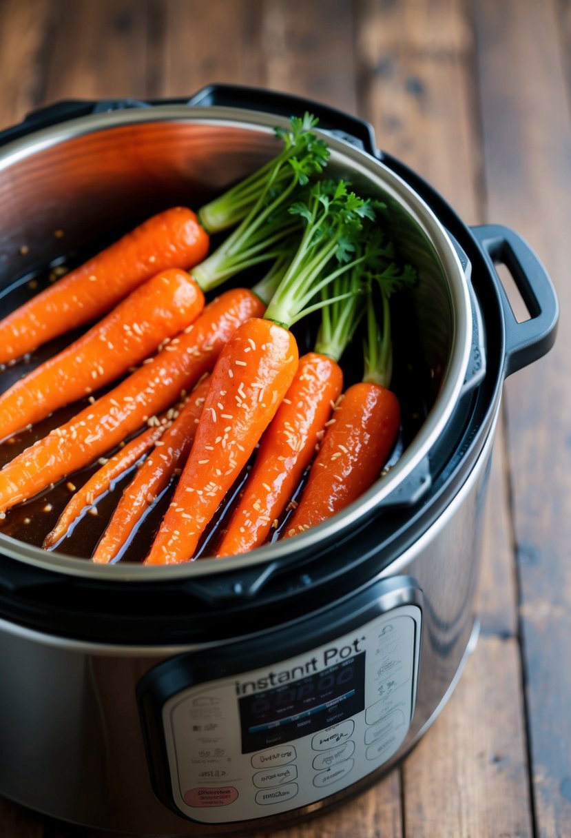 Carrots coated in miso glaze cooking in an Instant Pot