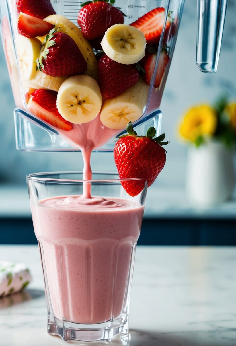 A blender whirring with strawberries, bananas, and yogurt. A glass filled with a creamy pink smoothie, topped with a slice of strawberry