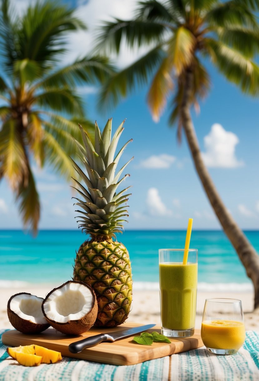 A tropical beach with palm trees and coconuts, a pineapple and coconut on a cutting board, a blender, and a glass of fruit smoothie