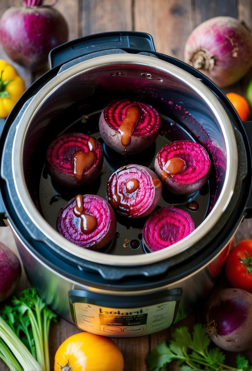 Beets roasting in an Instant Pot, drizzled with maple balsamic glaze, surrounded by other colorful vegetables