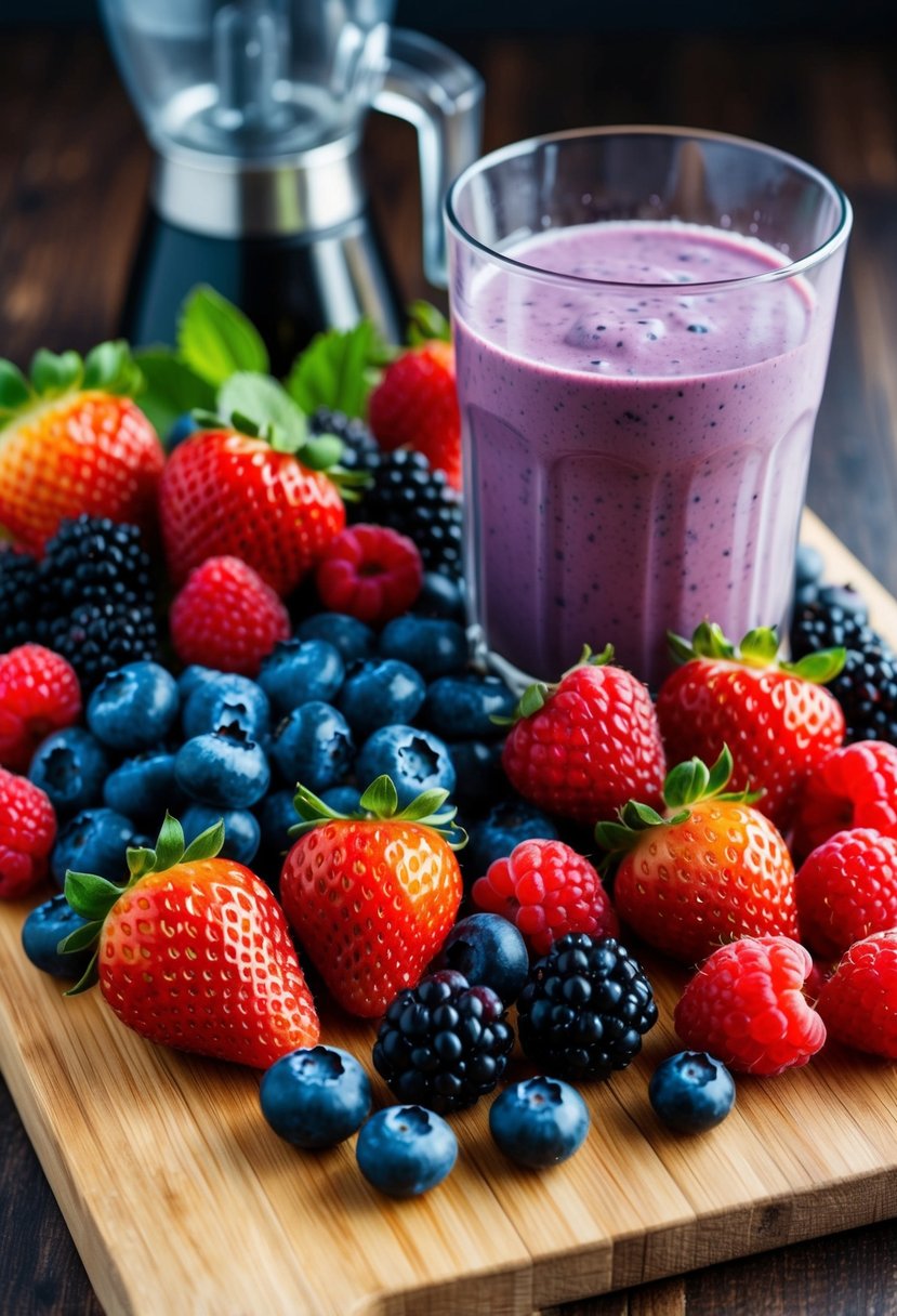 A colorful array of mixed berries, including strawberries, blueberries, raspberries, and blackberries, arranged on a wooden cutting board with a blender and a glass of smoothie