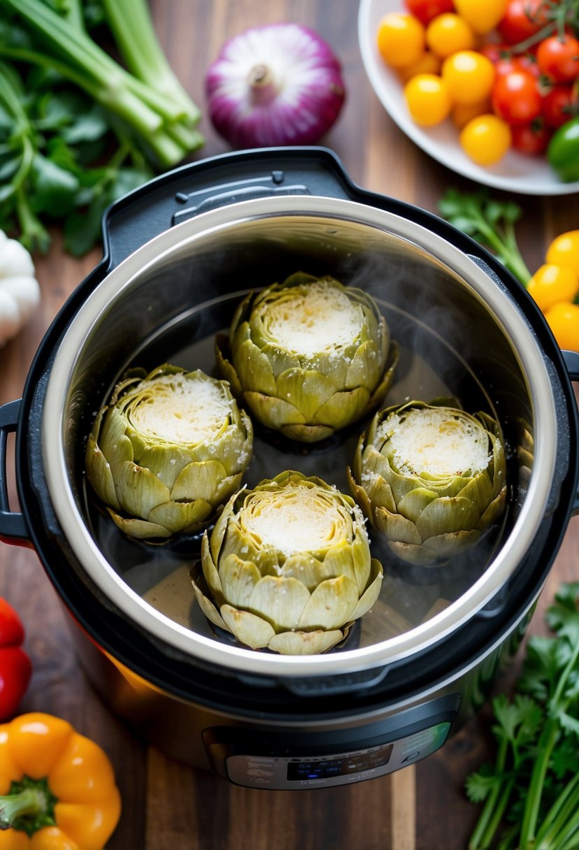 Artichokes coated in parmesan, steaming in an Instant Pot surrounded by colorful vegetables