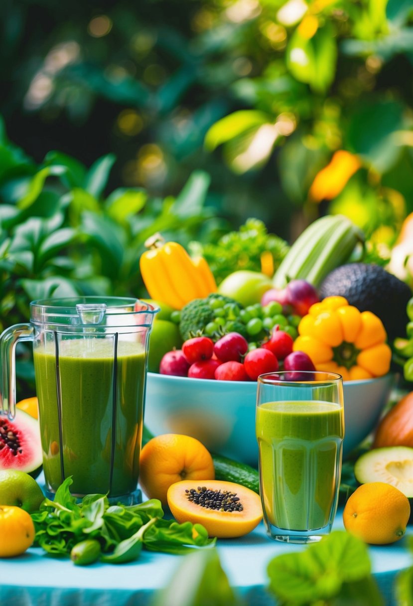 A table filled with vibrant fruits and vegetables, a blender, and a glass of green smoothie surrounded by lush greenery