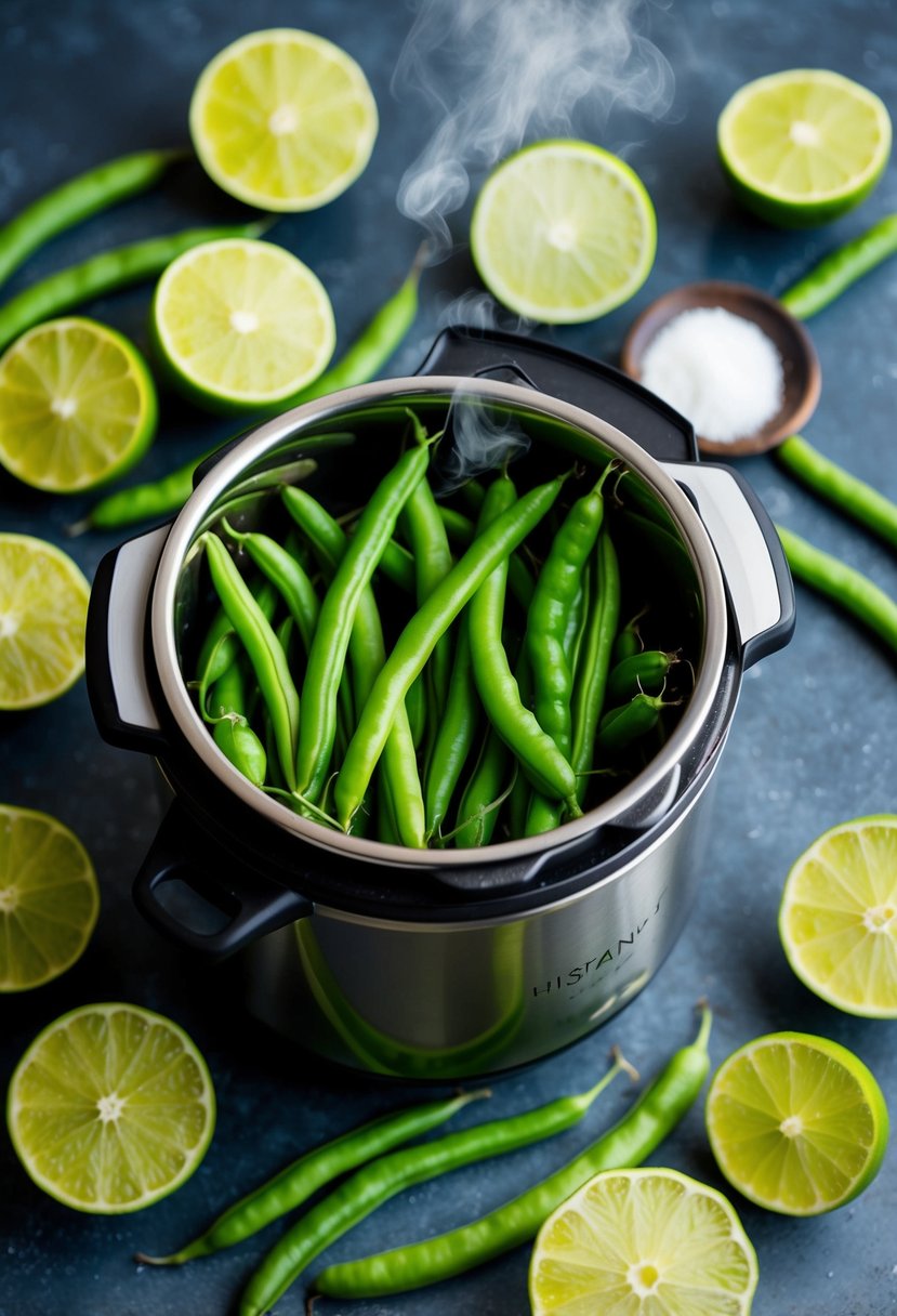 Fresh green beans and vibrant lime slices arranged around an Instant Pot, with a zesty aroma filling the air