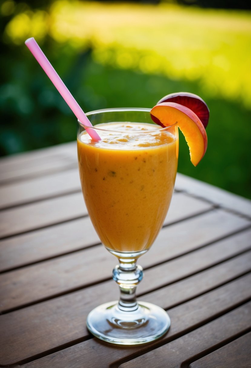 A glass of peach orange sunrise fruit smoothie with fresh fruits and a swirling straw on a wooden table