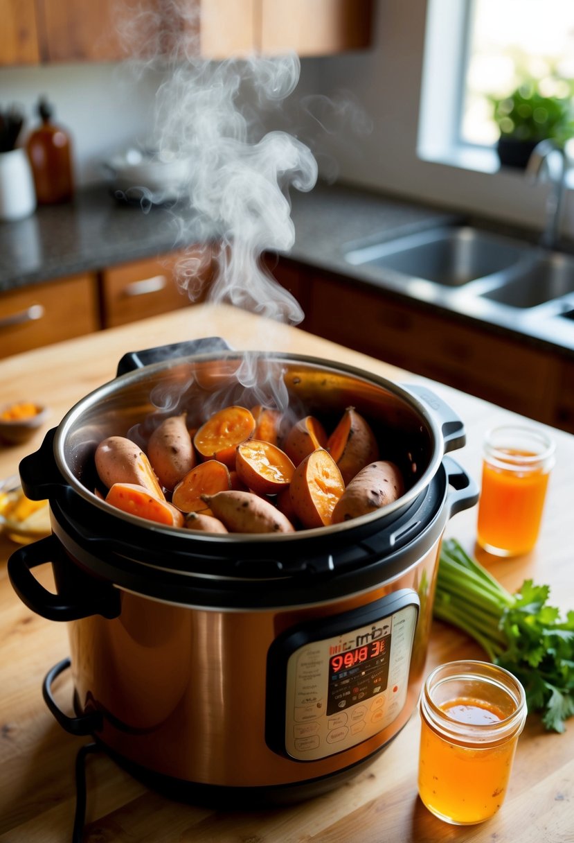 Sweet potatoes, honey, and Sriracha sauce in an Instant Pot. Steam rises from the cooking vegetables as the sweet and spicy aroma fills the kitchen