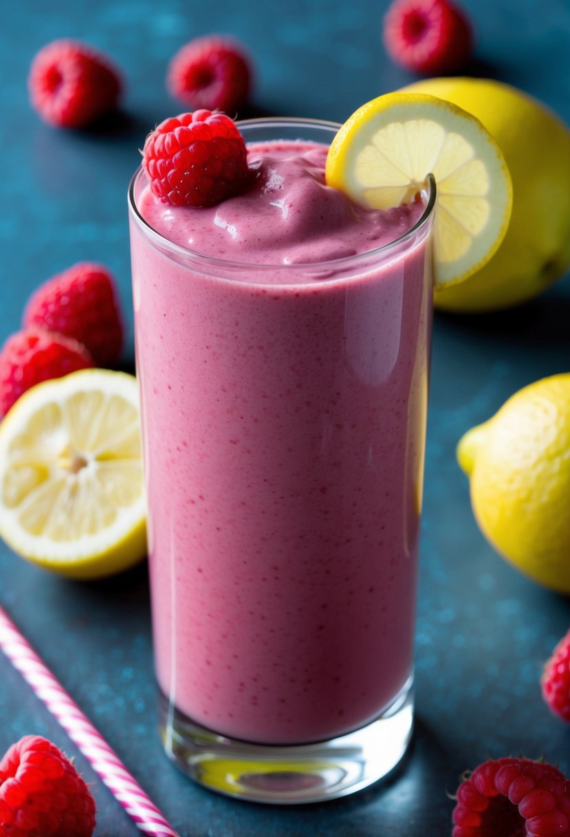 A glass filled with a vibrant pink raspberry lemon smoothie, surrounded by fresh raspberries and lemons