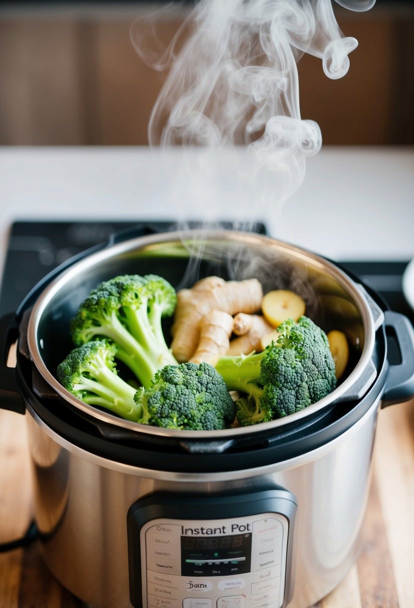 Fresh broccoli and ginger being added to an instant pot, steam rising as the lid is closed