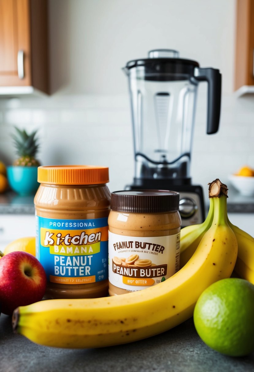 A ripe banana and jar of peanut butter surrounded by fresh fruit and a blender on a kitchen counter