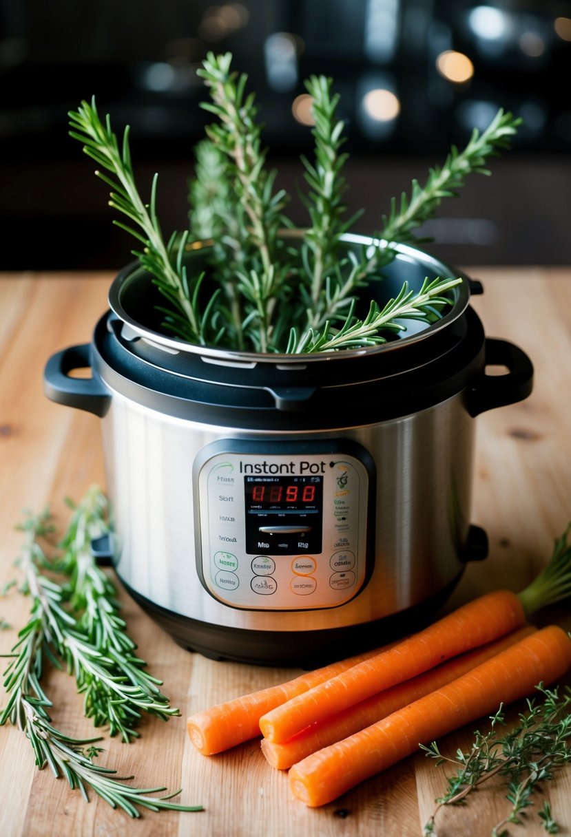 Fresh rosemary, thyme, and carrot sticks arranged around an Instant Pot, ready for cooking