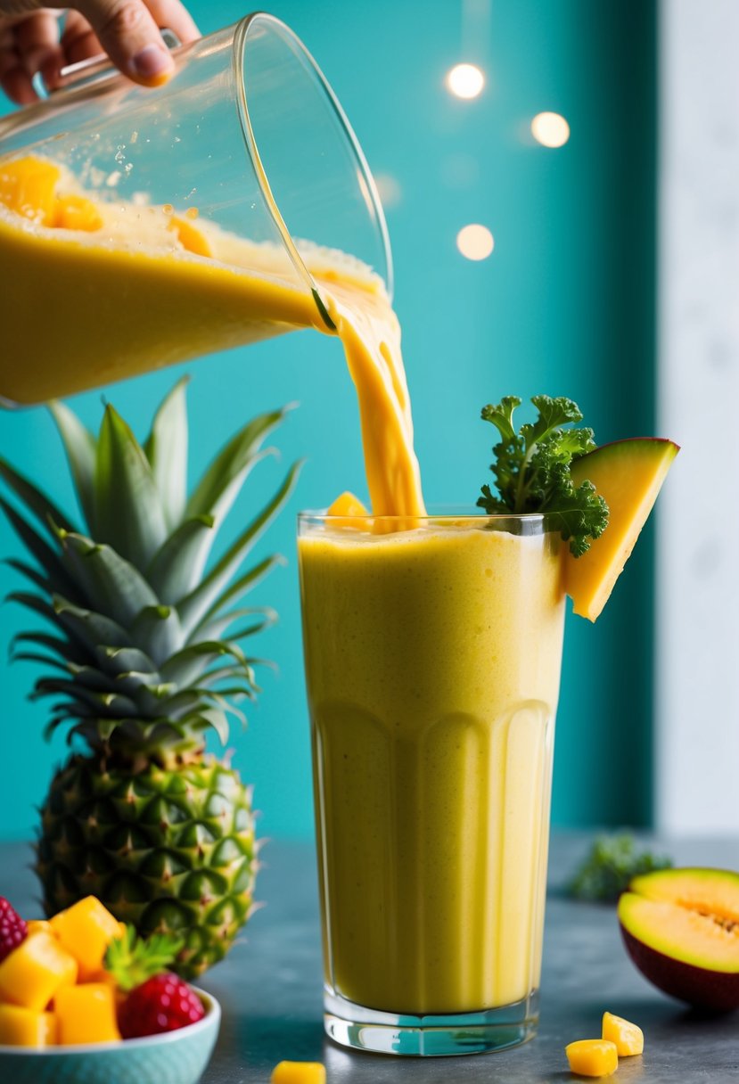 A vibrant tropical fruit smoothie being poured into a tall glass with a kale leaf and fresh fruit garnish