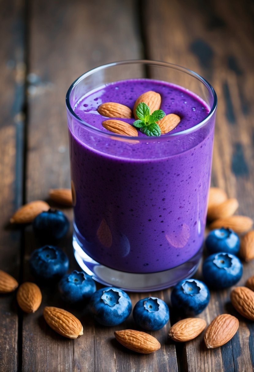 A glass filled with a vibrant purple smoothie surrounded by fresh blueberries and almonds on a wooden table