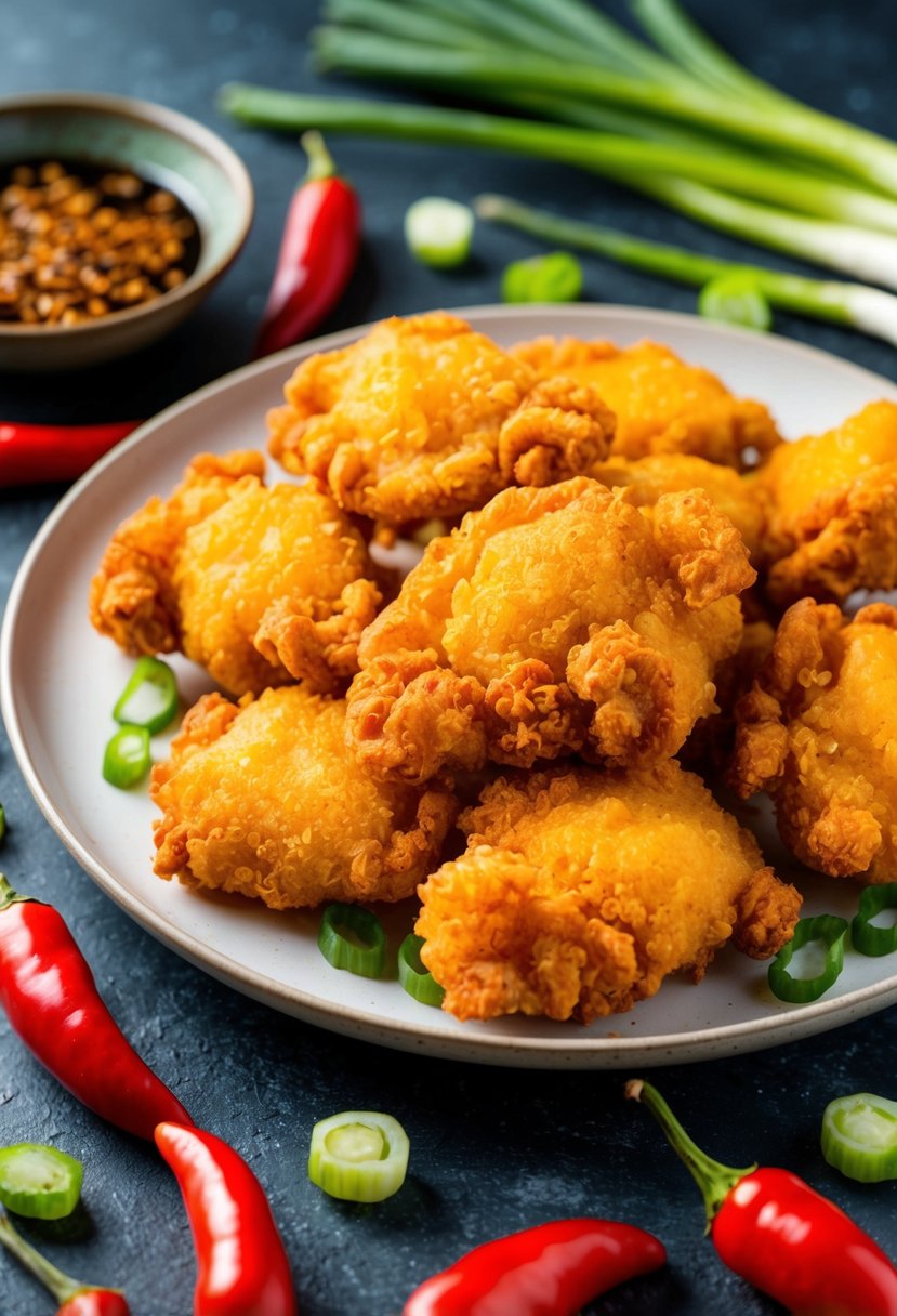 A plate of golden, crispy Korean fried chicken surrounded by vibrant red chili peppers and green scallions