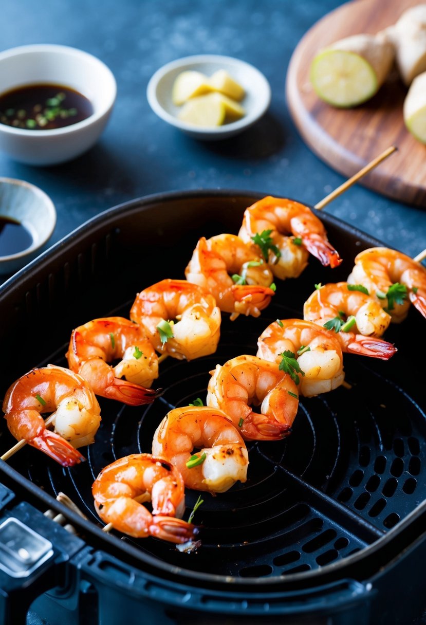 Skewers of marinated shrimp cooking in an air fryer. Soy sauce, ginger, and shrimp on skewers