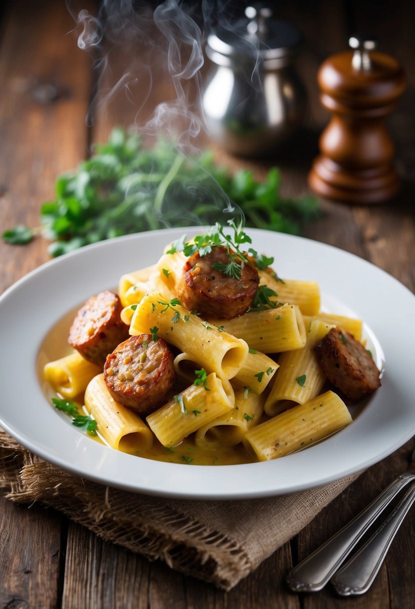 A steaming plate of rigatoni with Italian sausage, garnished with fresh herbs, sits on a rustic wooden table