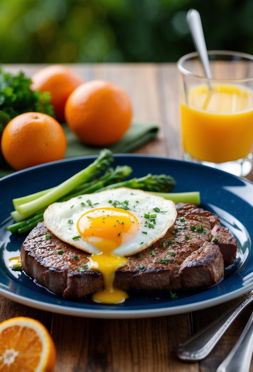 A sizzling steak and eggs breakfast on a plate, surrounded by fresh vegetables and a glass of orange juice