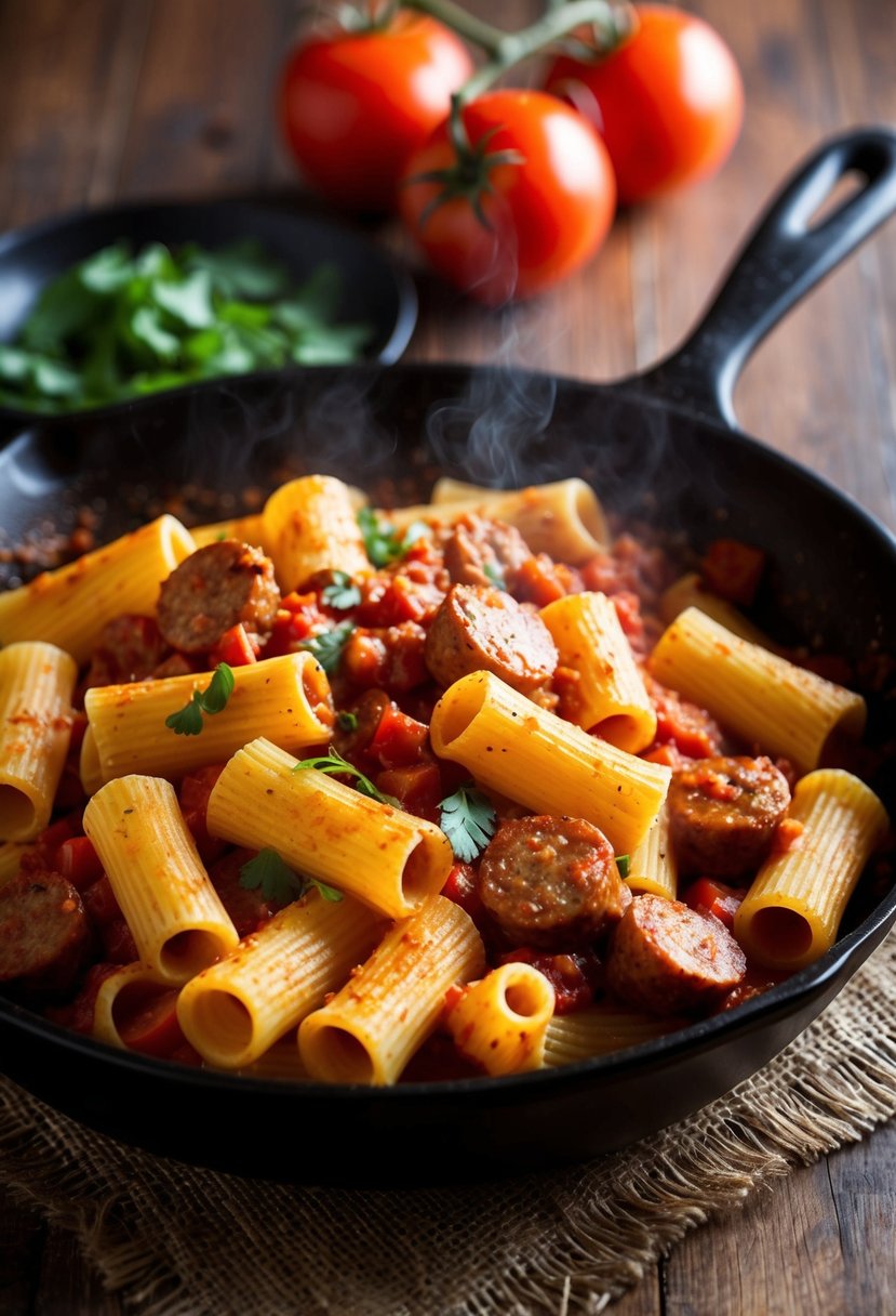 A steaming skillet of rigatoni and spicy Italian sausage, sizzling and fragrant, with vibrant red tomato sauce coating the pasta