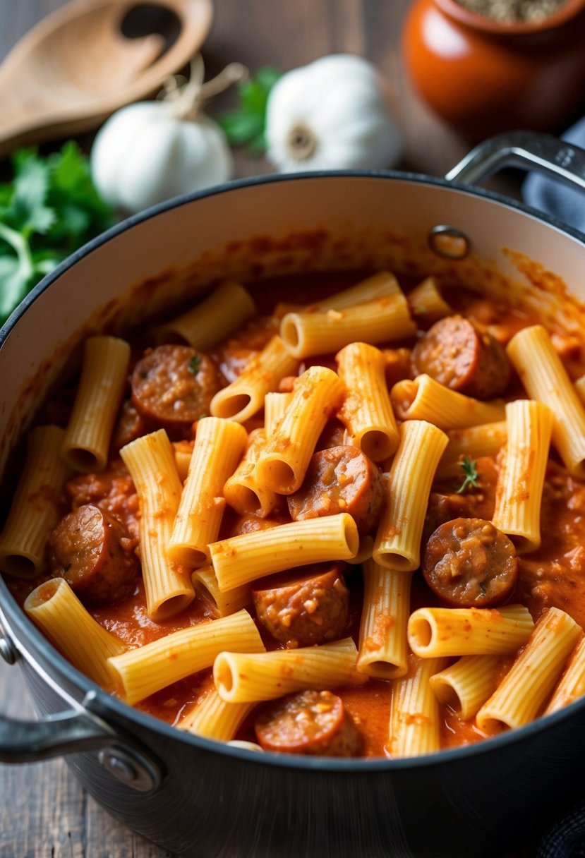 A pot of rigatoni pasta simmering in creamy tomato sauce with chunks of Italian sausage