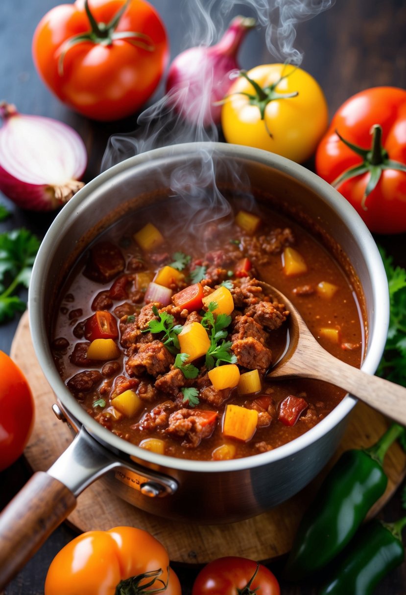 A steaming pot of bison chili surrounded by vibrant, fresh ingredients like tomatoes, onions, and peppers. A rustic wooden spoon rests on the edge of the pot