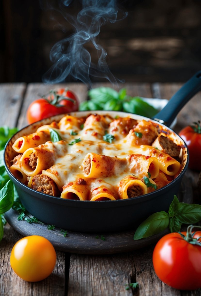 A steaming dish of baked rigatoni with sausage and melted cheese sits on a rustic wooden table surrounded by fresh ingredients like tomatoes and basil