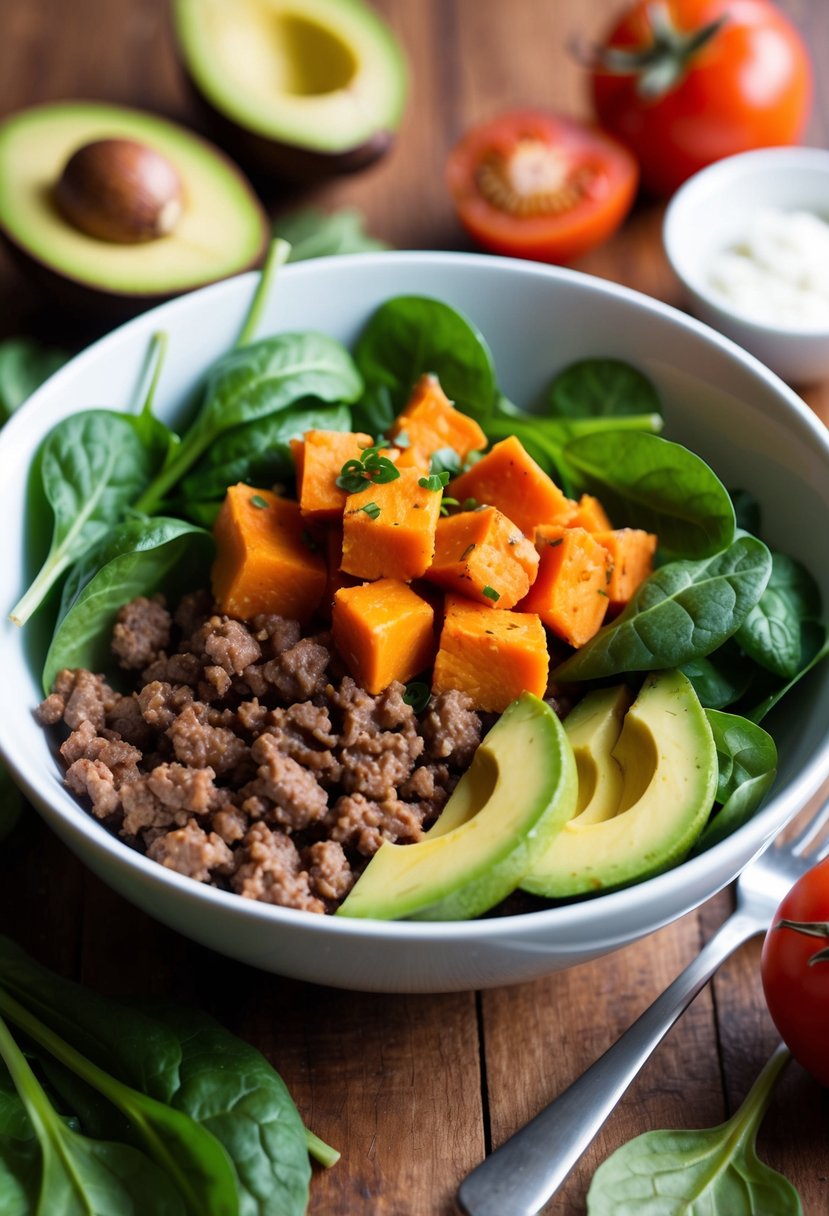 A bowl filled with sweet potato and ground beef, surrounded by fresh ingredients like spinach, tomatoes, and avocado