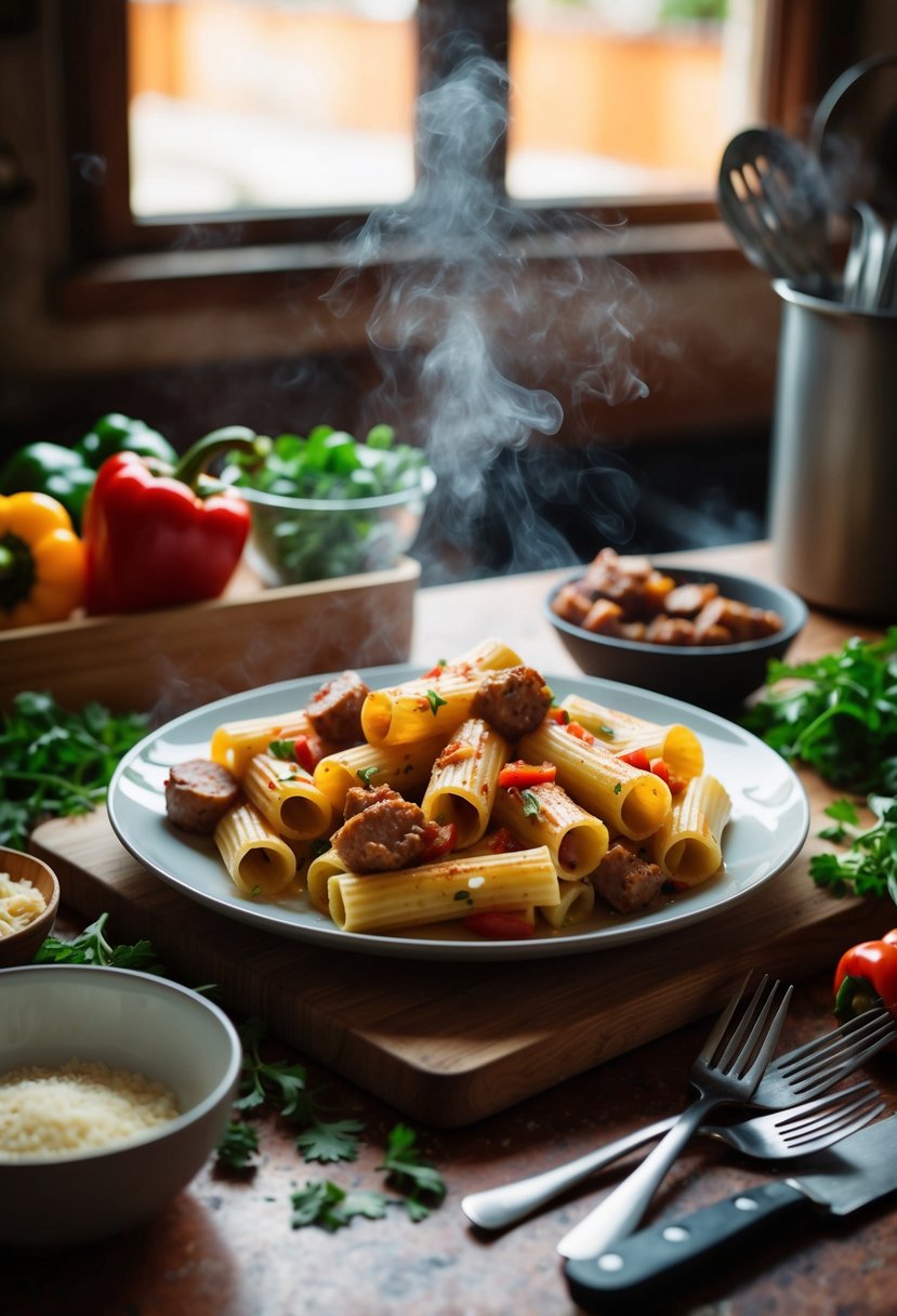 A steaming plate of rigatoni with sausage and peppers, surrounded by fresh ingredients and cooking utensils on a rustic kitchen counter