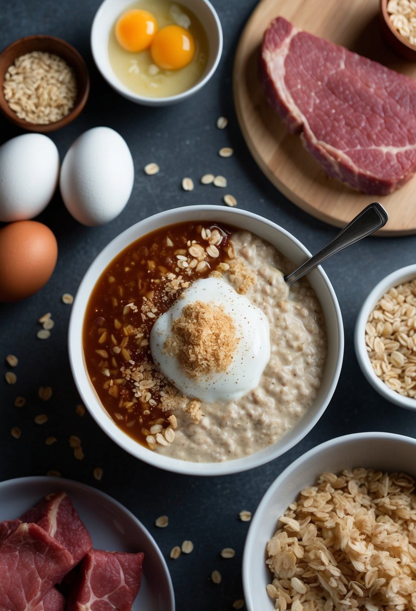 A bowl of oats topped with protein powder, surrounded by ingredients like eggs, red meat, and rice