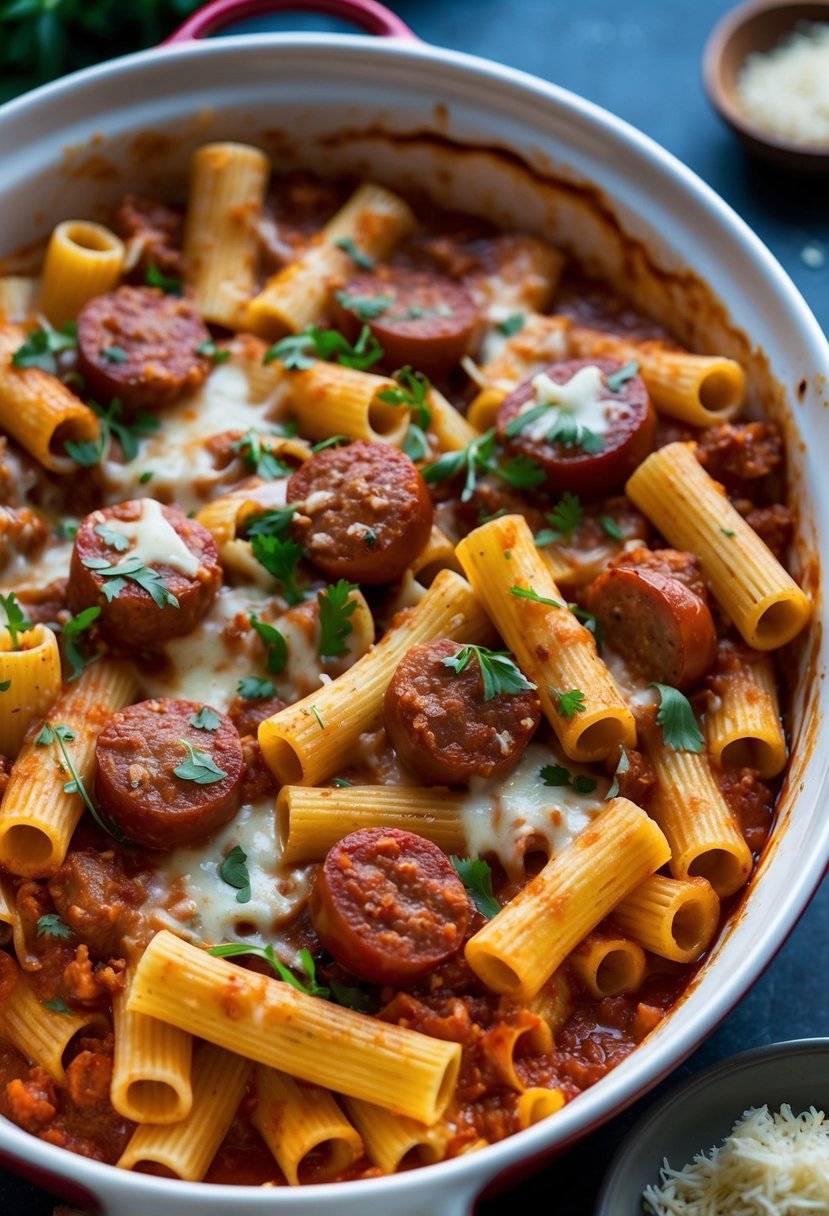 A bubbling casserole dish filled with rigatoni pasta, smothered in a rich tomato sauce and topped with slices of garlic sausage, fresh herbs, and melted mozzarella cheese