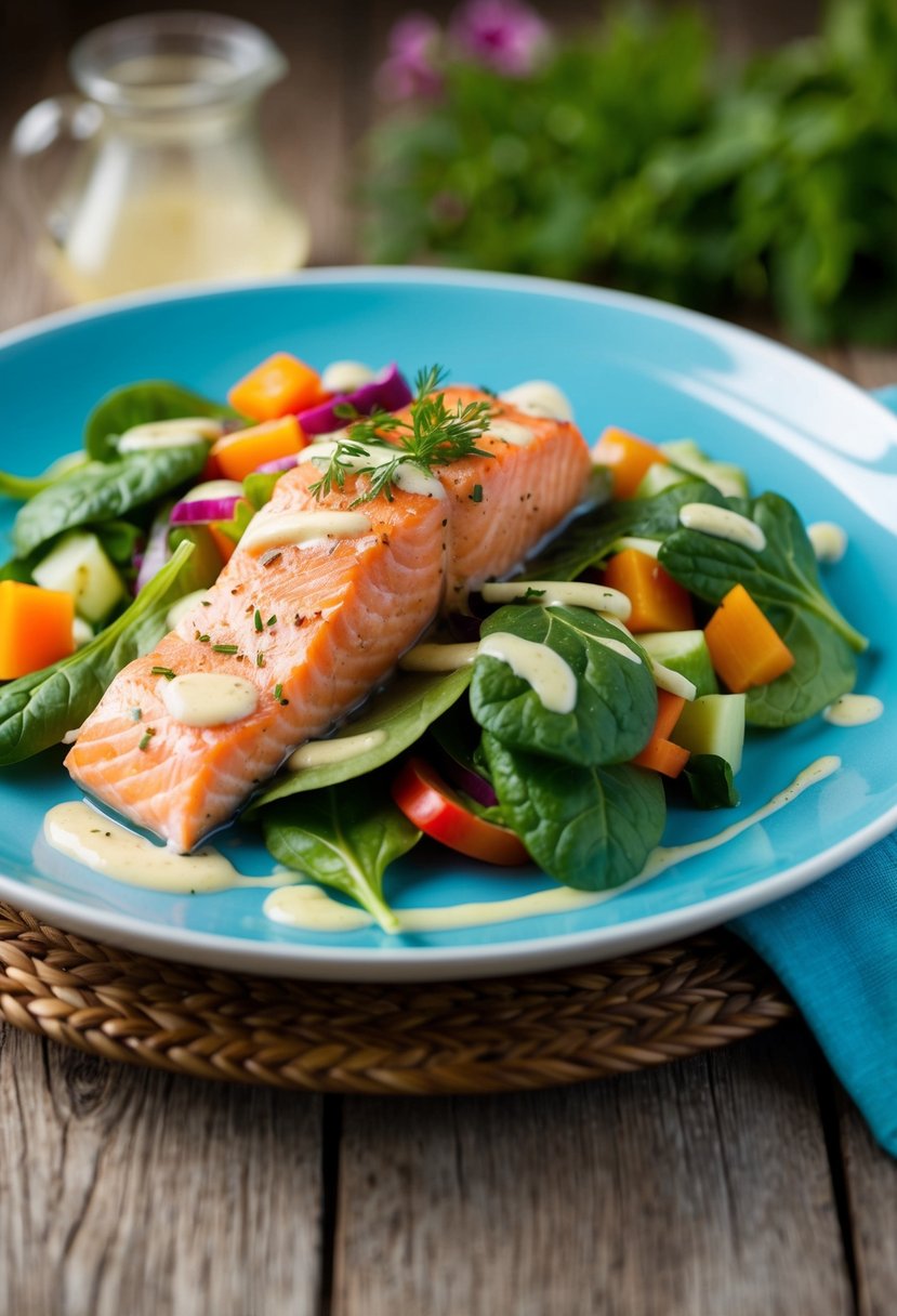 A plate with a vibrant salmon and spinach salad, garnished with colorful vegetables and drizzled with a light dressing