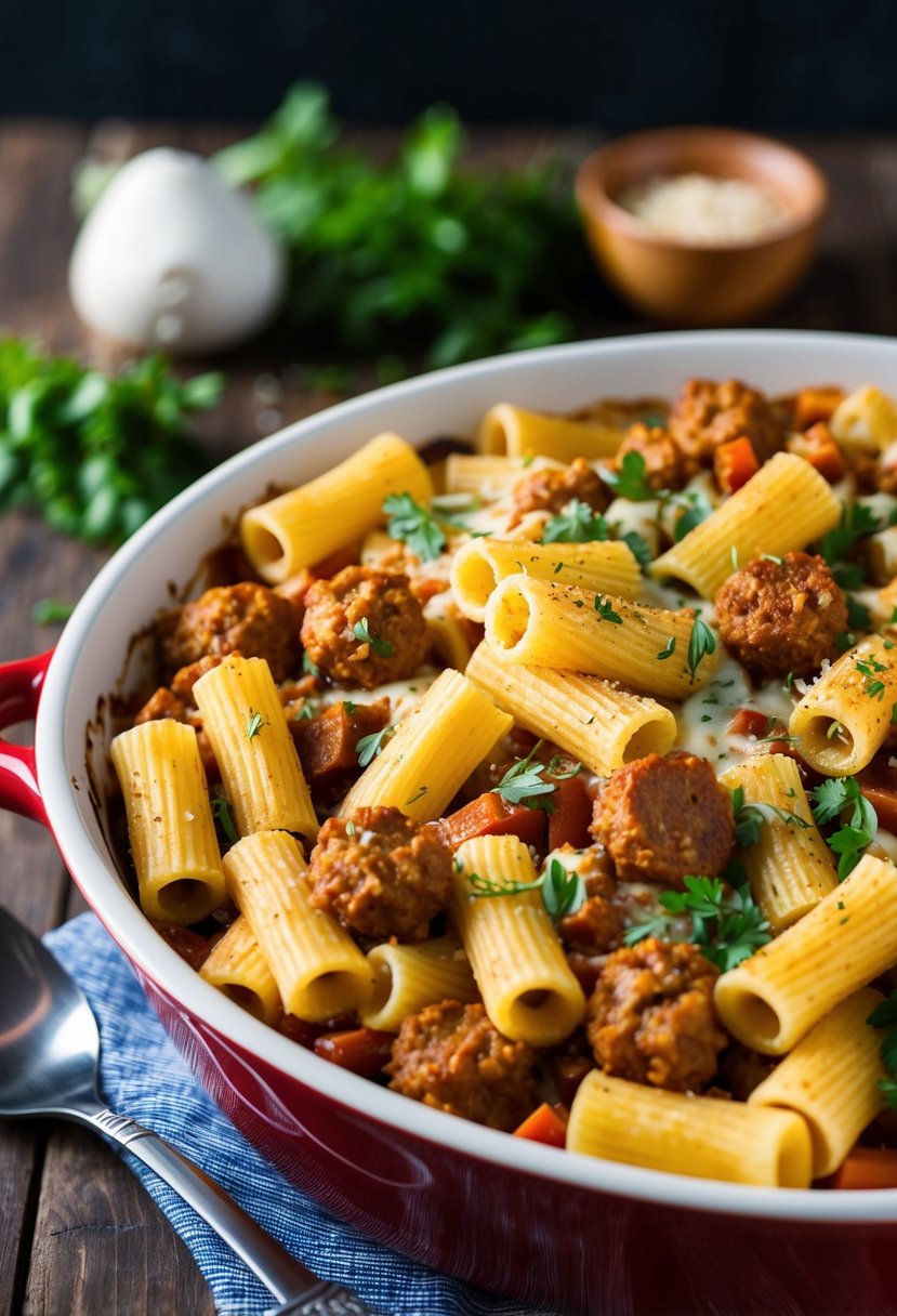 A bubbling casserole dish filled with rigatoni pasta, chunks of Italian sausage, and sprinkled with fresh herbs