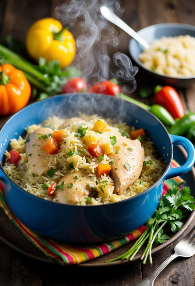 A steaming pot of chicken and rice pilaf surrounded by colorful vegetables on a rustic wooden table