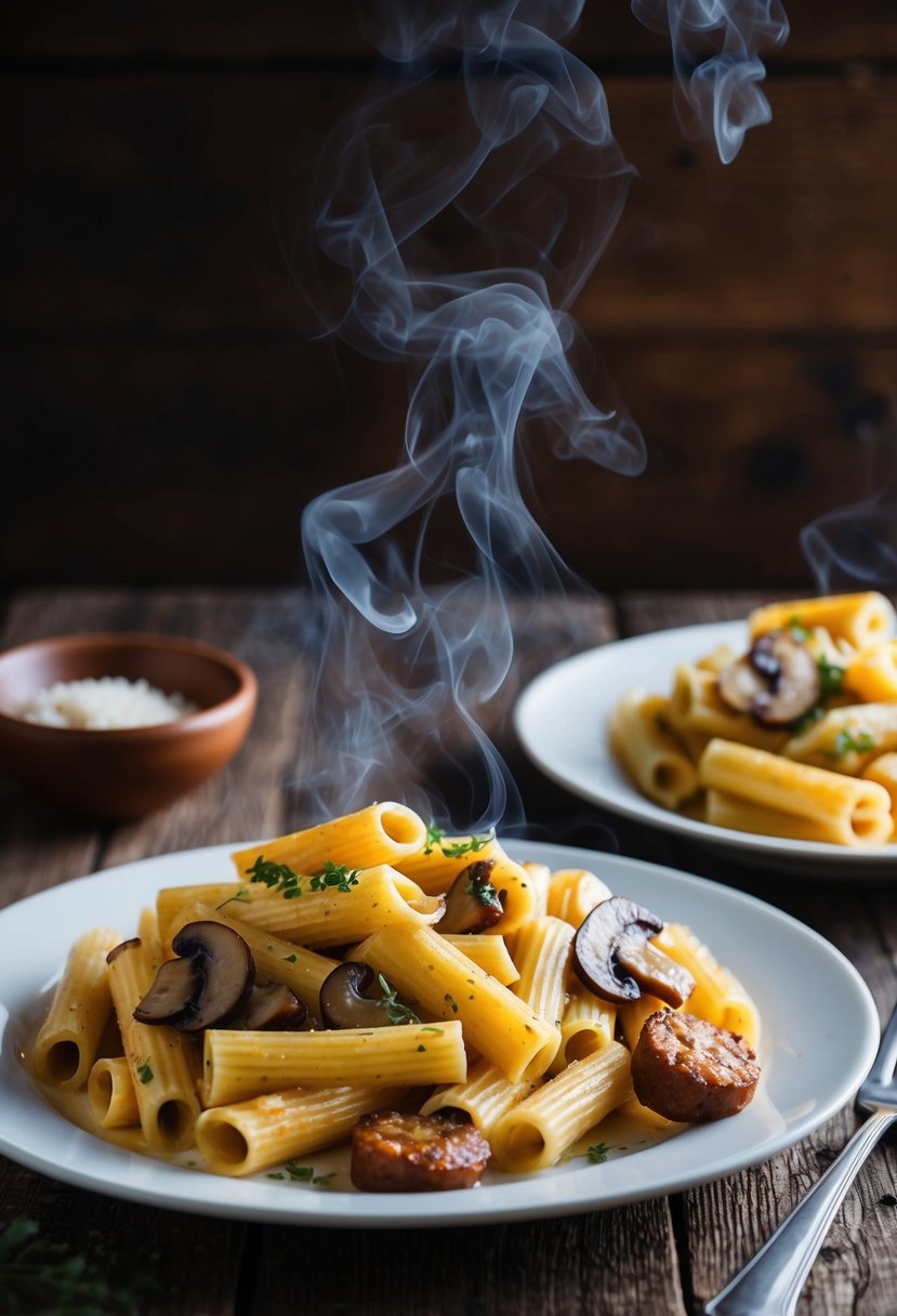 A steaming plate of rigatoni with mushrooms and Italian sausage on a rustic wooden table