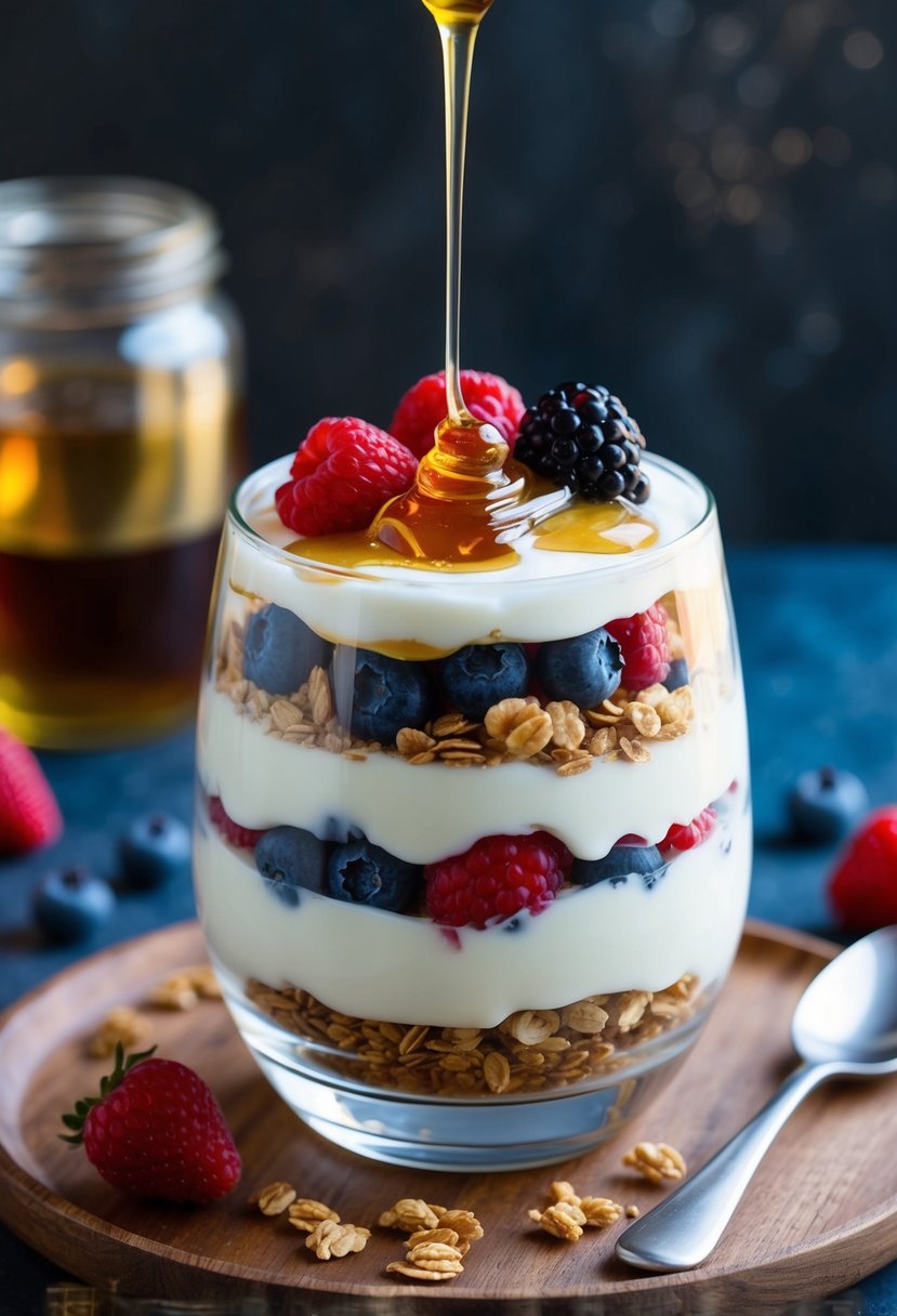 A clear glass filled with layers of Greek yogurt, granola, and fresh berries, topped with a drizzle of honey