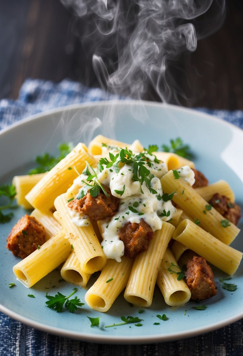 A steaming plate of rigatoni pasta with chunks of Italian sausage, mixed with a creamy lemon ricotta sauce, garnished with fresh herbs