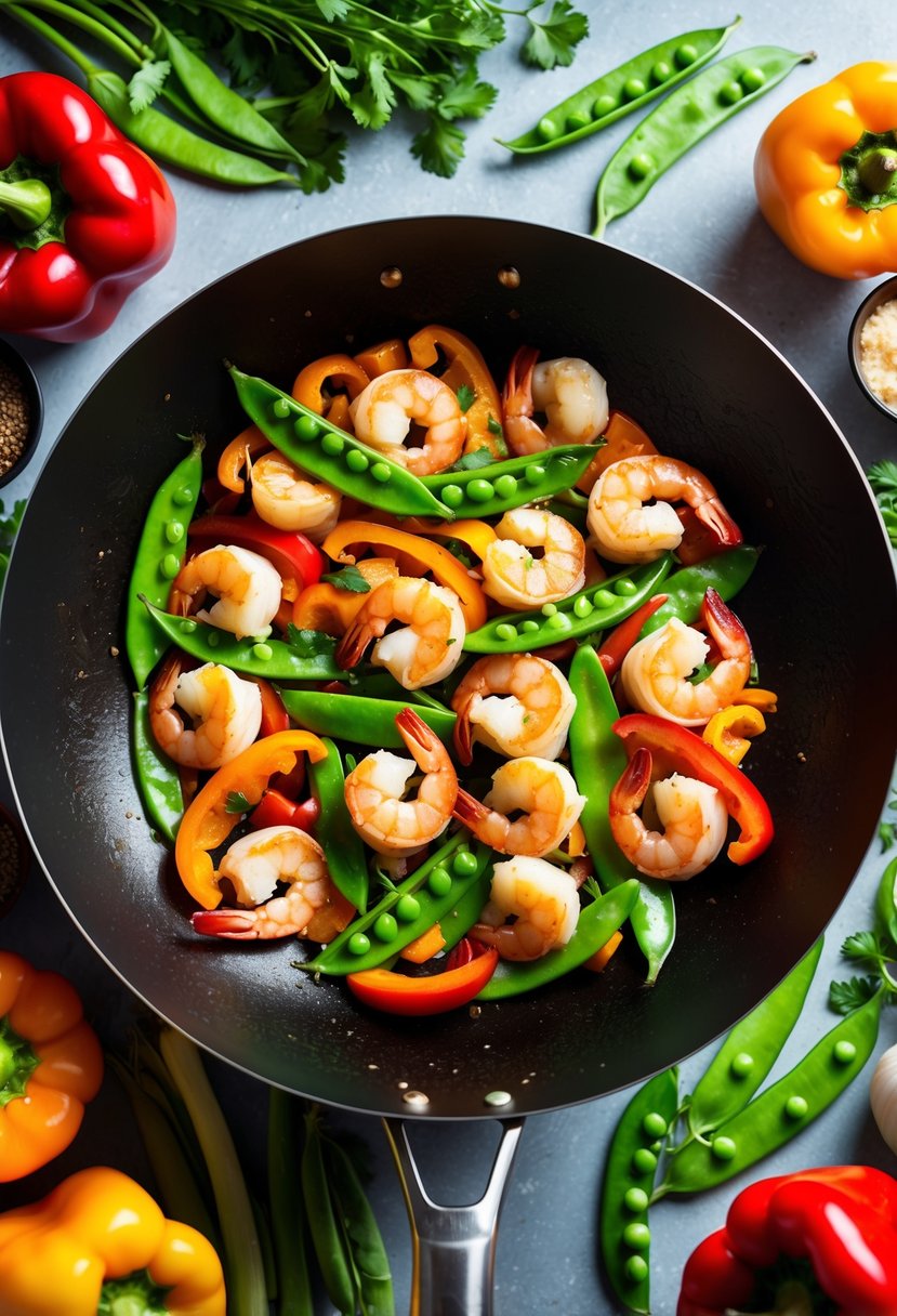 A sizzling wok filled with colorful bell peppers, snap peas, and succulent shrimp, surrounded by an array of fresh vegetables and seasonings