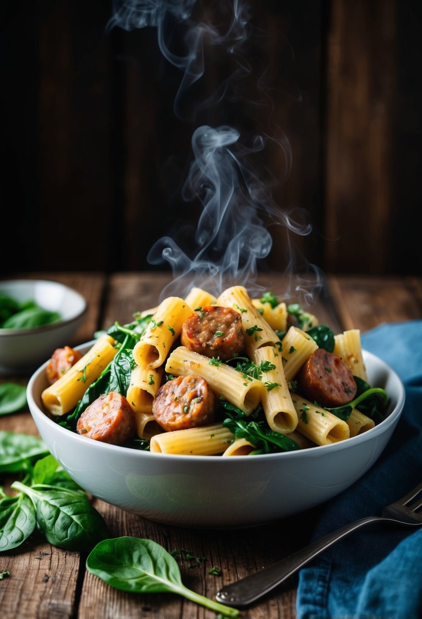 A steaming bowl of rigatoni and sausage, surrounded by fresh spinach and herbs, sits on a rustic wooden table