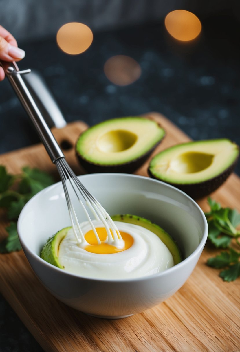 A bowl of whipped egg whites and sliced avocado on a wooden cutting board