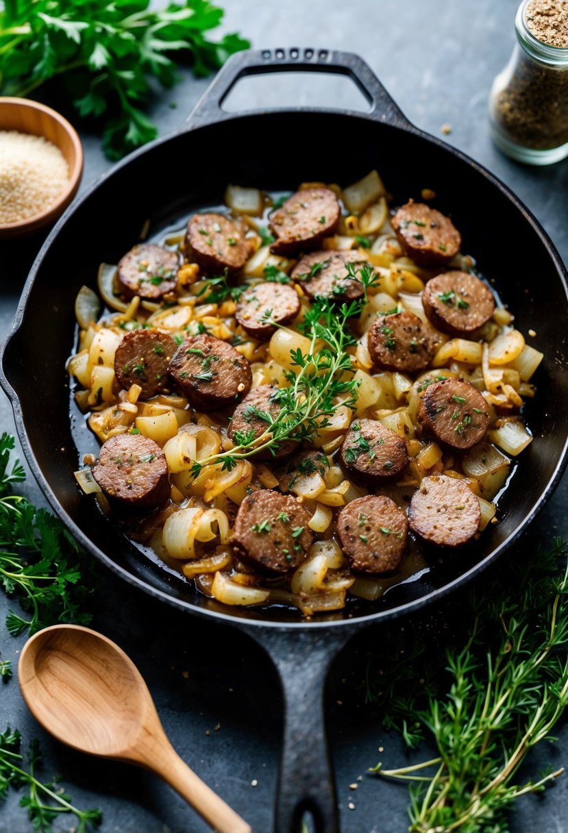 A sizzling skillet with liver and onions, surrounded by fresh herbs and spices