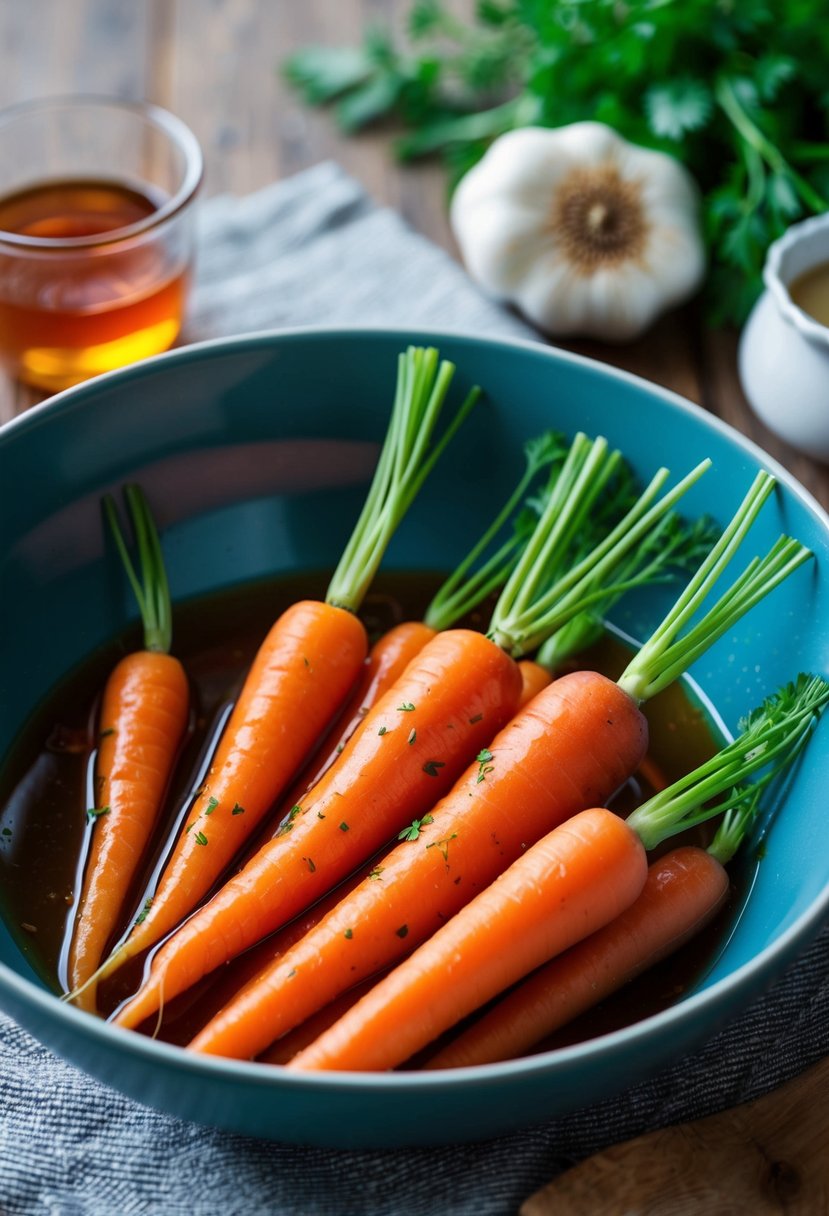 Fresh carrots soaking in a bowl of honey garlic marinade