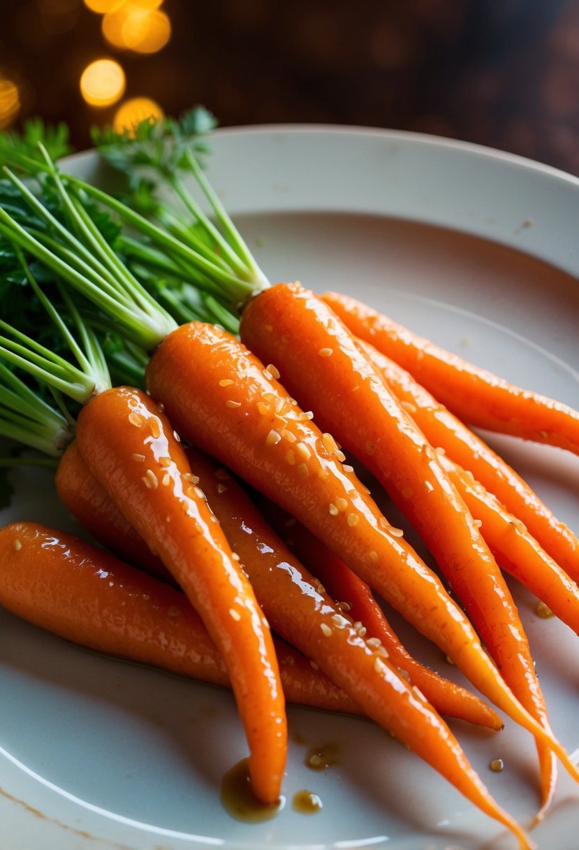 A plate of vibrant orange carrots coated in a glossy ginger soy glaze, glistening under a warm light